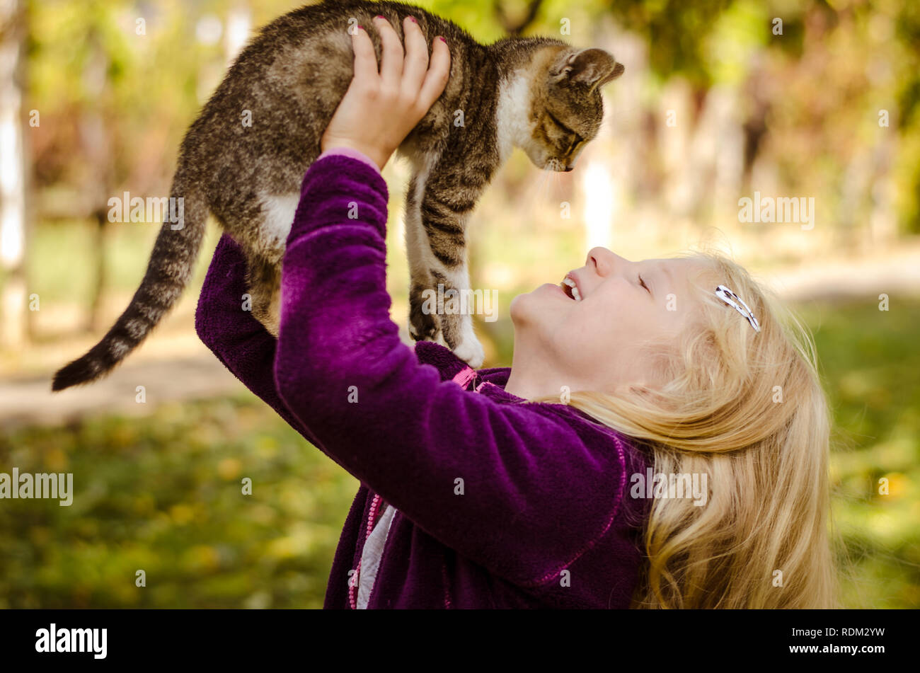 Jolie blonde girl holding a fluffy cat et de câlins ensemble Banque D'Images