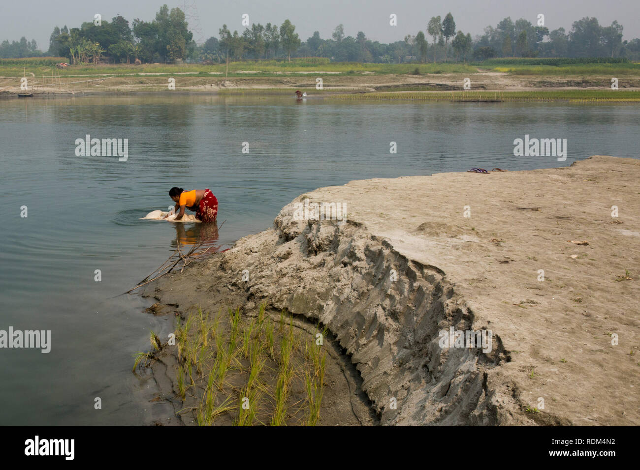 dhaka bangladesh 18 janvier une femme cliths lavages sur des lit de riviere kaliganga est tributaire de la riviere padma dans manikgonj bangladesh le 18 janvier 2019 lit asseche de