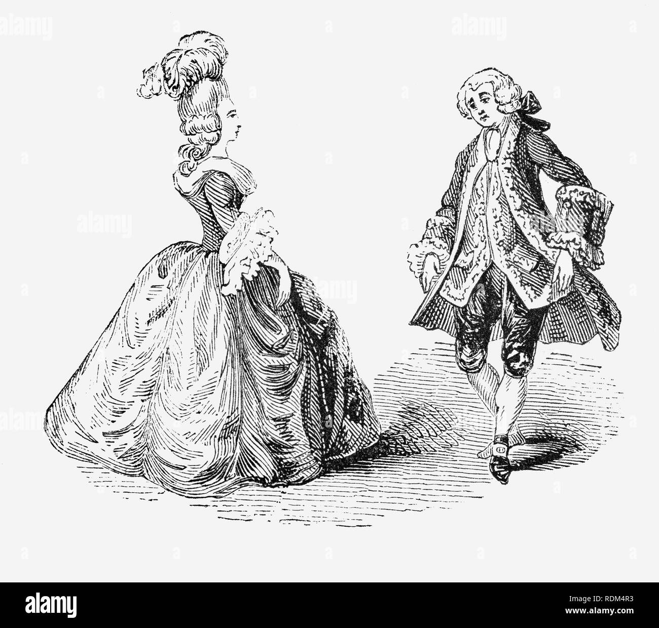 Un menuet effectuée dans le 18e siècle à la mode costume porté par la gentry pendant le règne du Roi George II. Banque D'Images