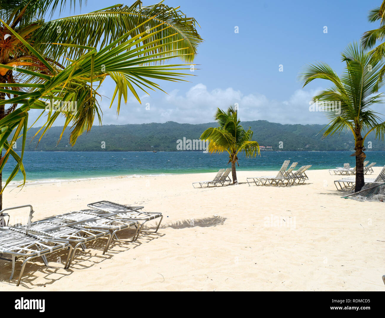 Transats à la plage idyllique de palmiers en face de l'océan bleu dans la mer des Caraïbes Banque D'Images