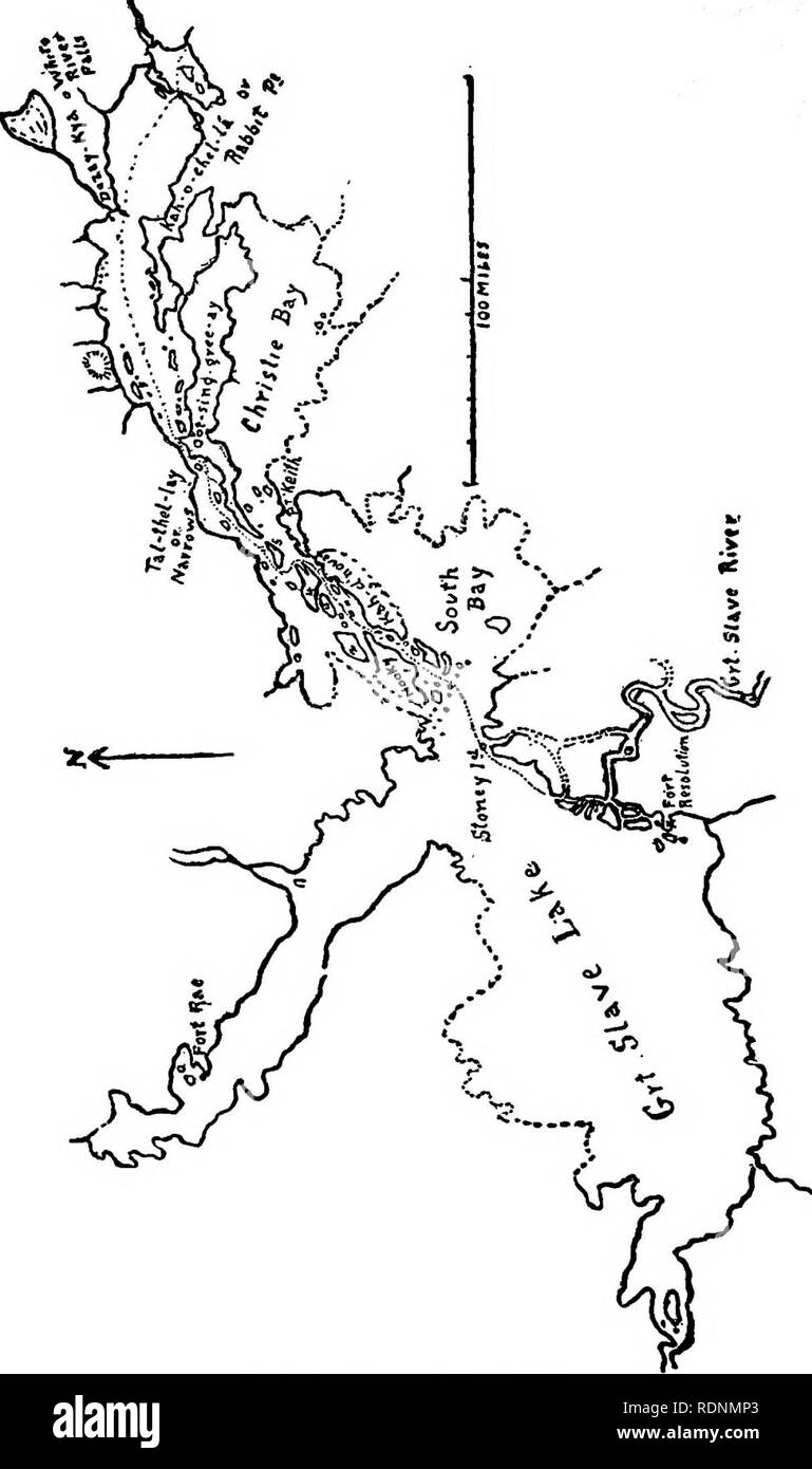 . Les prairies de l'Arctique, un canot-voyage de 2 000 kilomètres à la recherche du caribou ; être le récit d'un voyage à la région au nord du lac Aylmer. La chasse au chevreuil. Site du Grand lac des Esclaves. Veuillez noter que ces images sont extraites de la page numérisée des images qui peuvent avoir été retouchées numériquement pour plus de lisibilité - coloration et l'aspect de ces illustrations ne peut pas parfaitement ressembler à l'œuvre originale.. Seton, Ernest Thompson, 1860-1946. New York, C. Scribner's Sons Banque D'Images