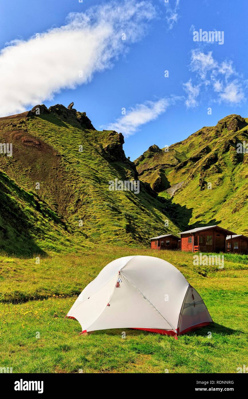 Camping dans le canyon, Pakgil Þakgil, Thakgil, près de Vik, Vík í Mýrdal, Suðurland, Sudurland, Sud de l'Islande, Islande Banque D'Images