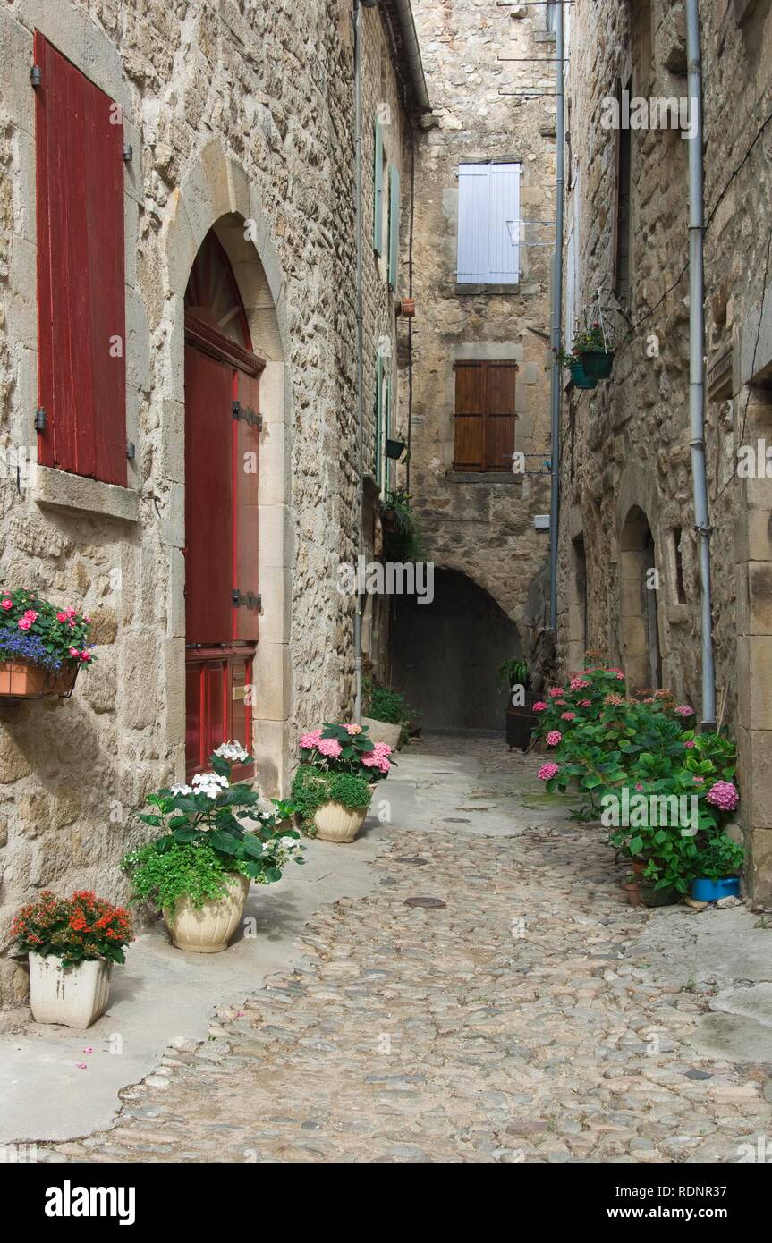 Les rues pavées du village, Joyeuse, Ardèche, Rhone Alpes, France, Europe Banque D'Images