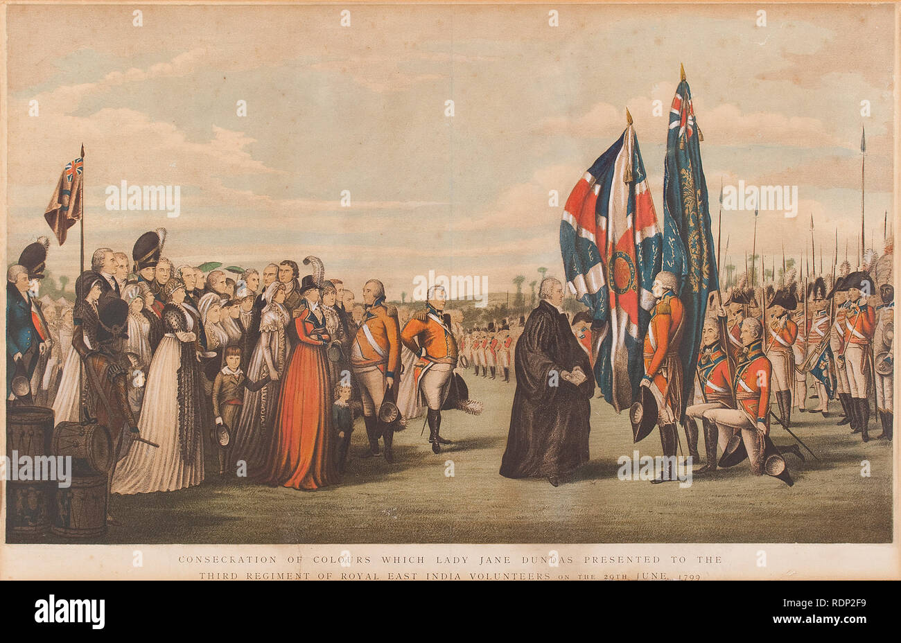 Une impression de consécration des drapeaux qui Lady Jane Dundas présenté au troisième régiment de volontaires est de l'Inde royale. 29 Juin 1799 Banque D'Images