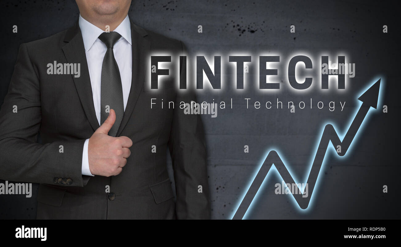 Concept Fintech et homme d'with Thumbs up. Banque D'Images