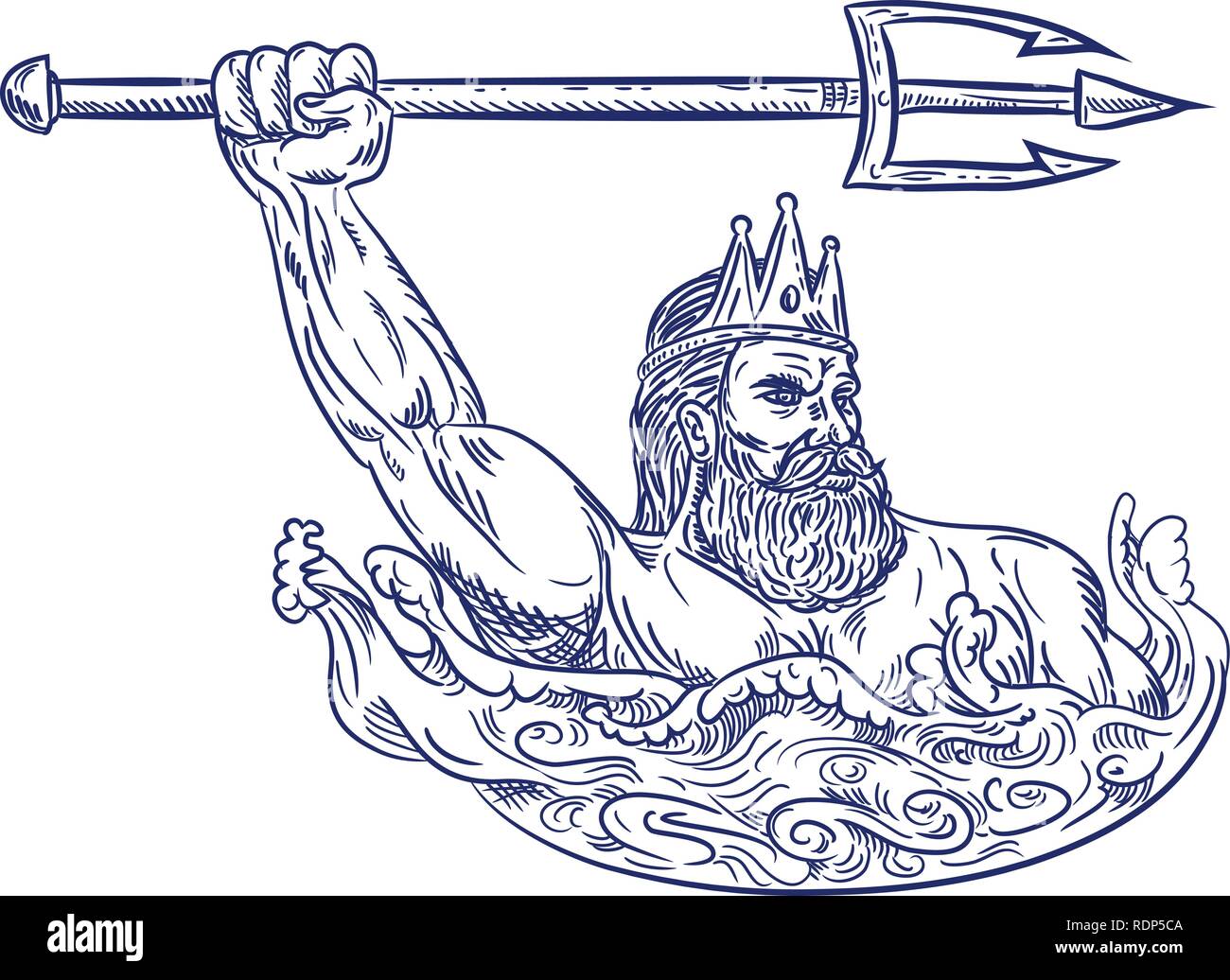 Croquis dessin illustration style de Triton, un dieu grec, le messager de la mer, fils de Poséidon et Amphitrite, armés de trident sur mer avec des vagues Illustration de Vecteur