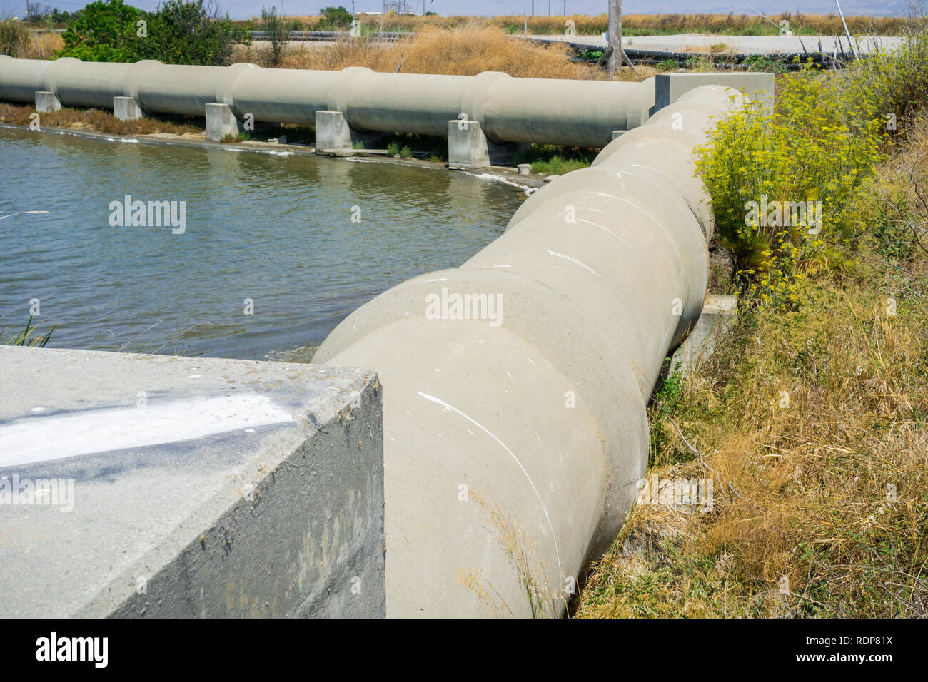 Les tuyaux en ciment, près de Sunnyvale Water Pollution Control Plant, San Francisco Bay Area, Sunnyvale, Californie Banque D'Images