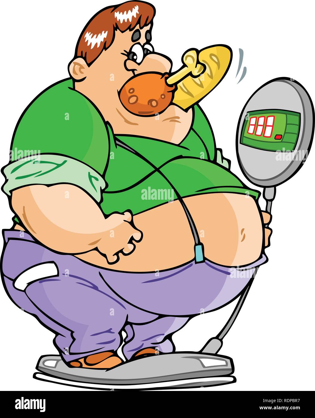 L'illustration montre d'un big fat man sur le pèse-machine, sa bouche un morceau de poulet et de pains. Illustration de Vecteur
