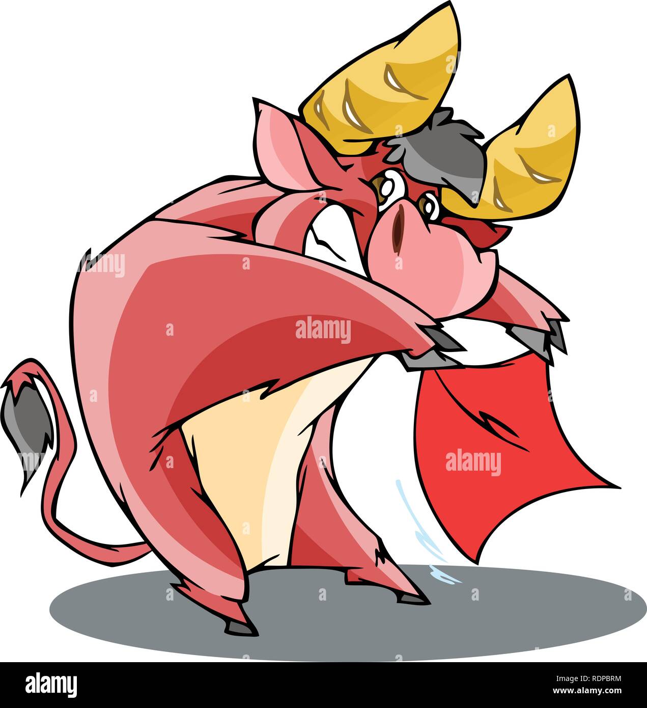 L'illustration montre un funny cartoon bull dans un manteau rouge, il effectue la corrida. Illustration de Vecteur