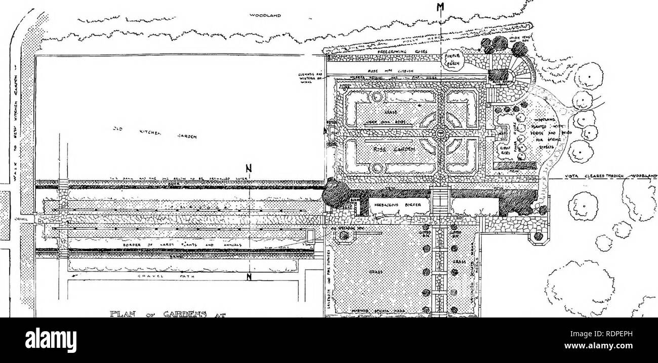 . Jardins pour les petites maisons de campagne . Jardins, l'anglais. XXVI. Jardins pour les petites maisons de campagne. faite a été le découpage d'un chemin dans le milieu de la vieille couverture renforcée, de sorte qu'un Vista pourrait être obtenu à partir de l'avant-cour d'un nouvel escalier à travers la couverture et l'ensemble de la roseraie qui était alors formé sur le niveau supérieur, qui était autrefois un terrain de boules. Ce vista est fermé par un grand hêtre pourpre, qui se distingue de l'autre à la limite est. Ainsi a été créé un régime. FIUAK GAIRMBH &lt;jw.S MMiKmTlg CttIL ACI (OTi*M DUNSTABILlS- je .. » »•. Veuillez noter que th Banque D'Images