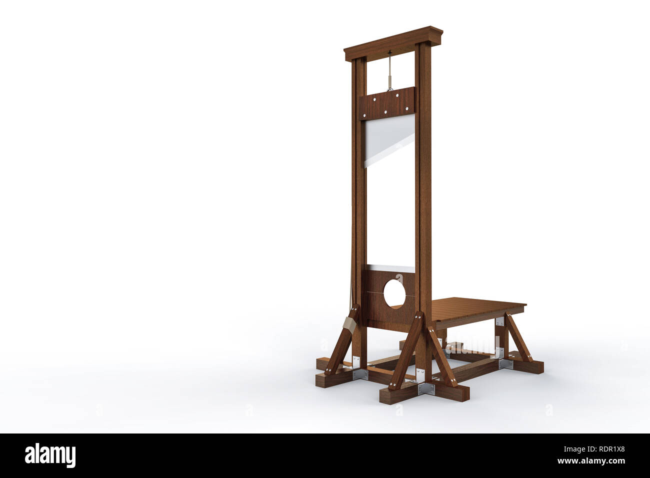 Tableau de la guillotine pour infliger la peine capitale par décapitation isolé sur fond blanc. Instrument en bois pour l'exécution Banque D'Images