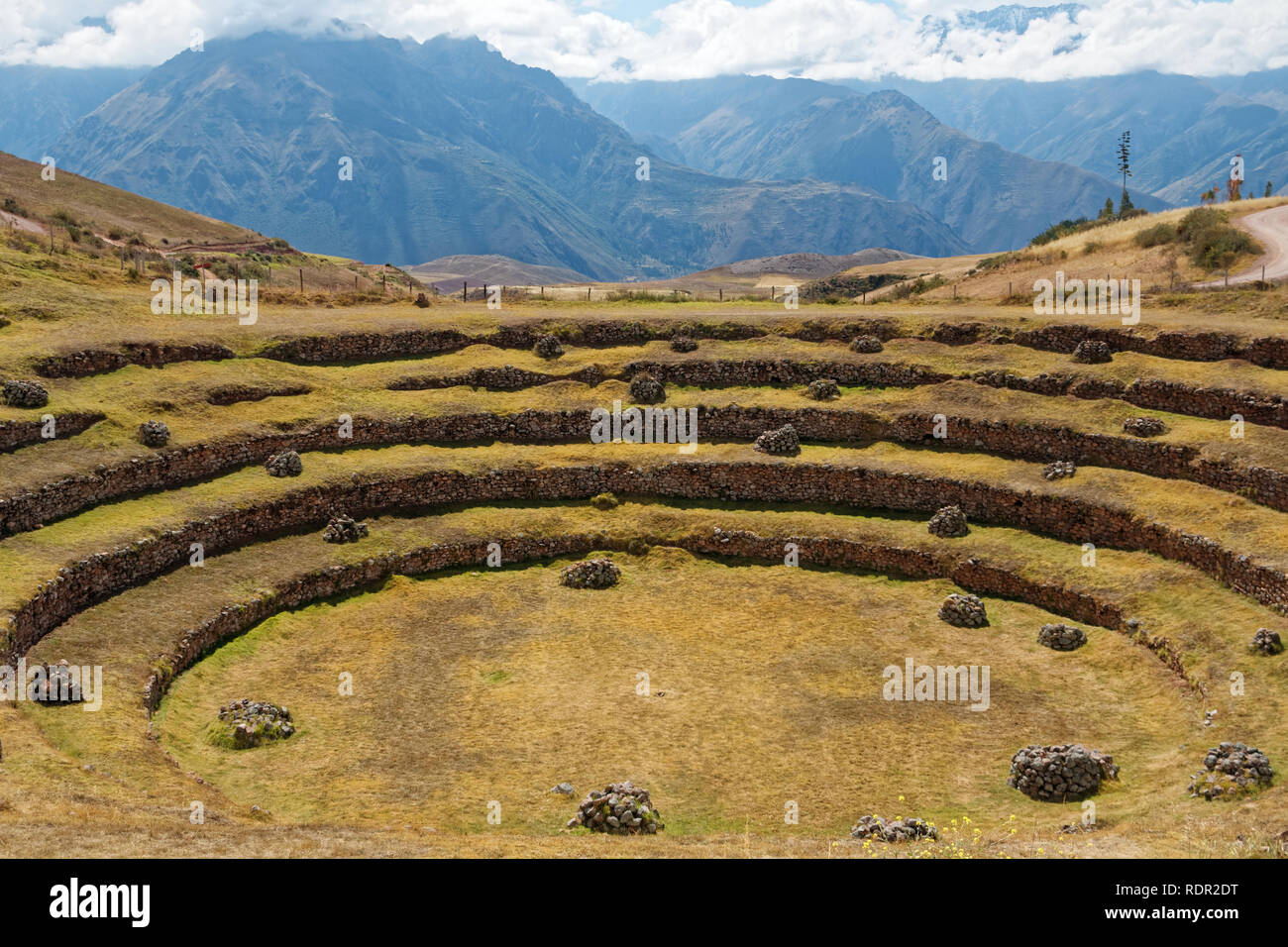 Terrasses Incas ronde dans Moray, le Pérou pour l'élevage expérimental. Banque D'Images