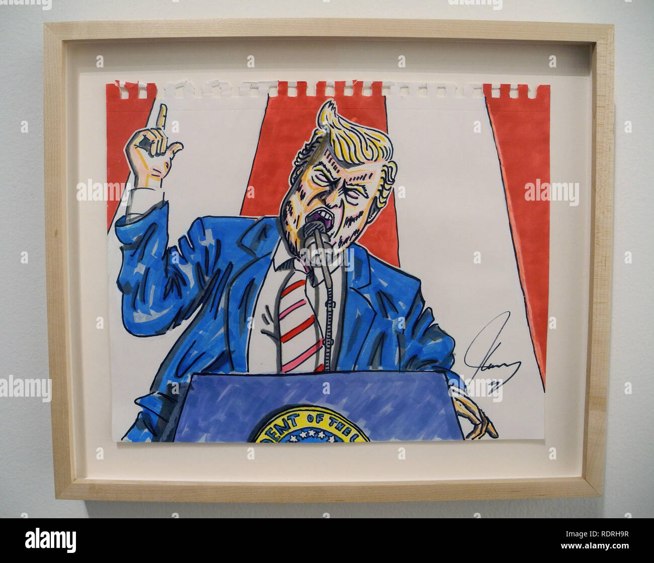 New York, USA. 18 janvier, 2019. Le travail "projet d'insoumis' racistes par l'acteur américain Jim Carrey peut être vu à l'Affordable Art Fair de New York. (Dpa 'Jim Carrey montre des caricatures politiques à New York') Credit : Johannes Schmitt-Tegge/dpa/Alamy Live News Banque D'Images