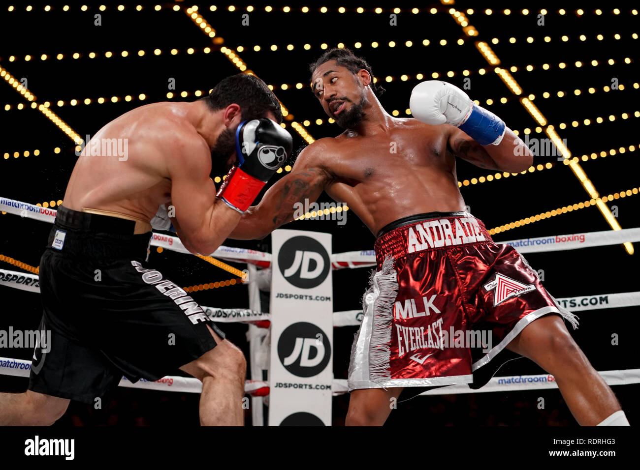 New York, New York, USA. 18 janvier, 2019. DEMETRIUS ANDRADE (bourgogne et gris les lignes) batailles ARTUR AKAVOVIN dans une organisation mondiale de boxe poids moyens monde bout au titre Théâtre Hulu au Madison Square Garden de New York, New York. Crédit : Joel Plummer/ZUMA/Alamy Fil Live News Banque D'Images