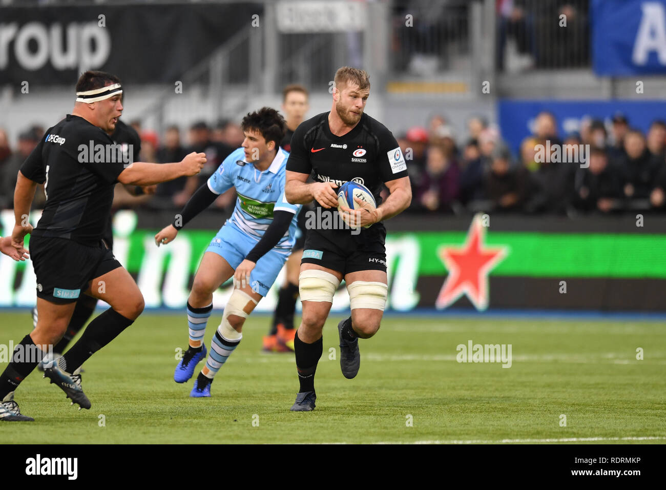 Londres, Royaume-Uni. 19 Jan, 2019. George Kruis des Saracens en action lors de la Coupe des Champions Heineken entre Saracens v Glasgow Warriors at Allianz Park le Samedi, 19 janvier 2019. Londres en Angleterre. (Usage éditorial uniquement, licence requise pour un usage commercial. Aucune utilisation de pari, de jeux ou d'un seul club/ligue/dvd publications.) Crédit : Taka Wu/Alamy Live News Crédit : Taka Wu/Alamy Live News Banque D'Images