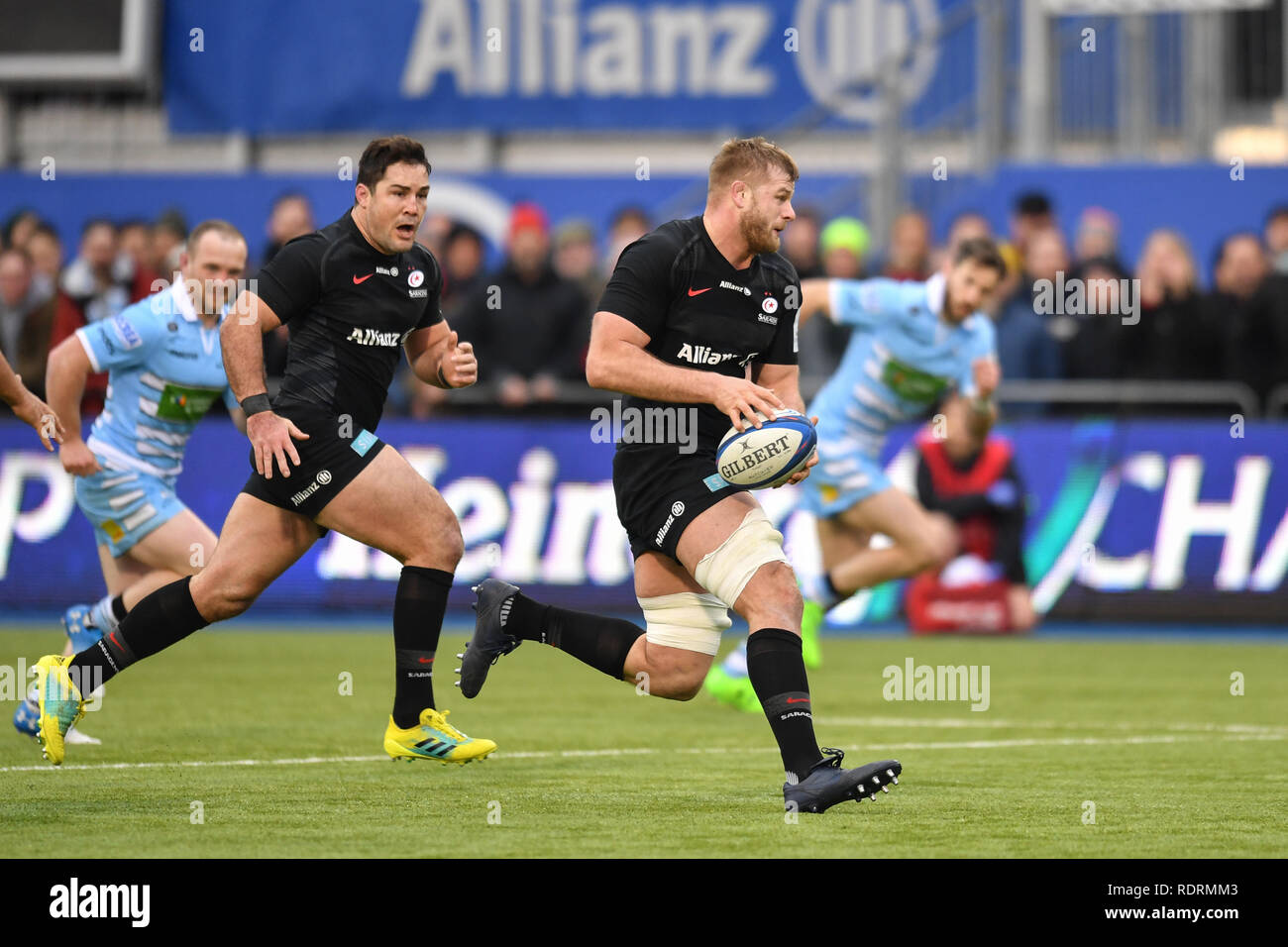 Londres, Royaume-Uni. 19 Jan, 2019. George Kruis des Saracens en action lors de la Coupe des Champions Heineken entre Saracens v Glasgow Warriors at Allianz Park le Samedi, 19 janvier 2019. Londres en Angleterre. (Usage éditorial uniquement, licence requise pour un usage commercial. Aucune utilisation de pari, de jeux ou d'un seul club/ligue/dvd publications.) Crédit : Taka Wu/Alamy Live News Crédit : Taka Wu/Alamy Live News Banque D'Images