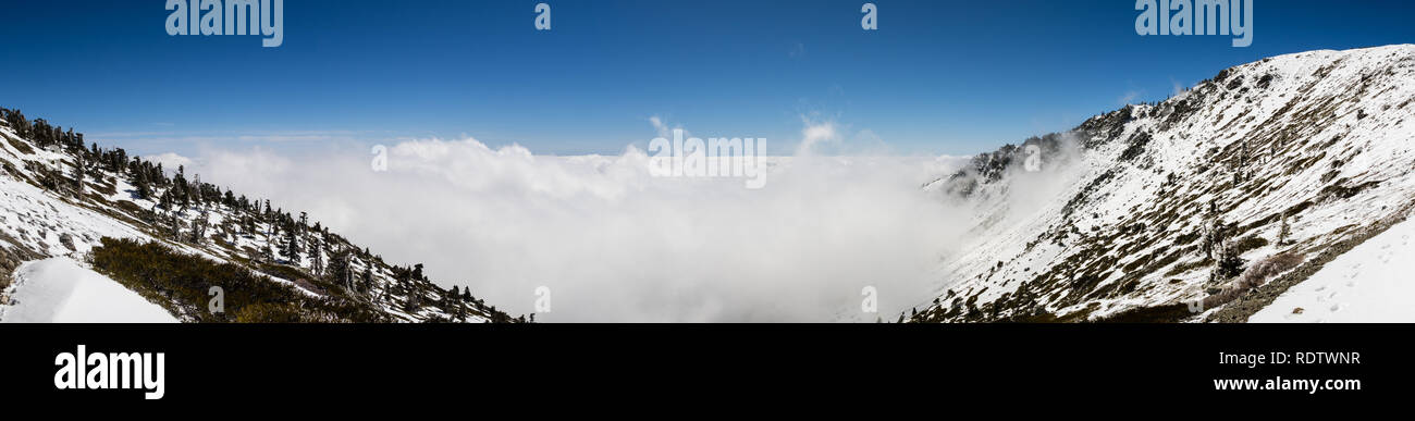 Journée d'hiver ensoleillée avec la neige fraîche et une mer de nuages blancs sur la piste vers San Antonio (Mt Mt Baldy), comté de Los Angeles, Californie du sud Banque D'Images
