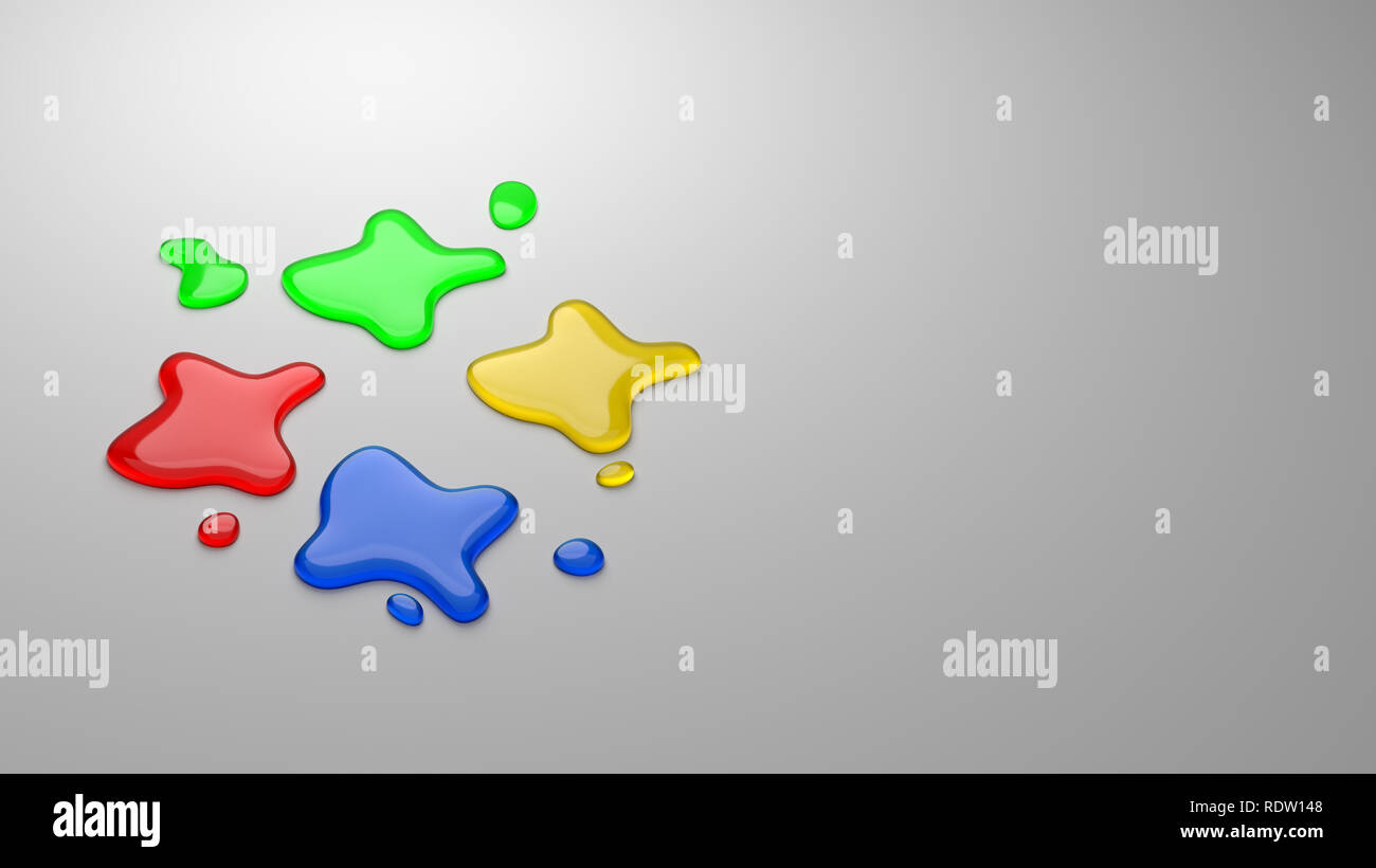 Quatre gouttes d'encre de couleurs sur fond gris avec Copyspace 3D Illustration Banque D'Images