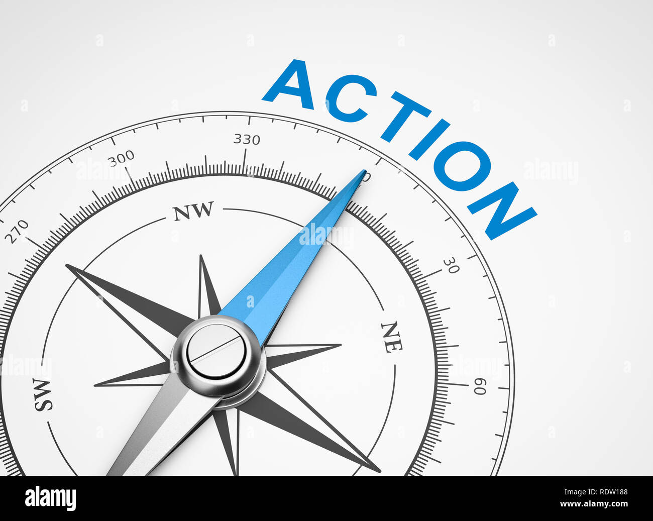 Compas magnétique, l'aiguille dirigée vers le mot Action bleu sur fond blanc 3D Illustration Banque D'Images