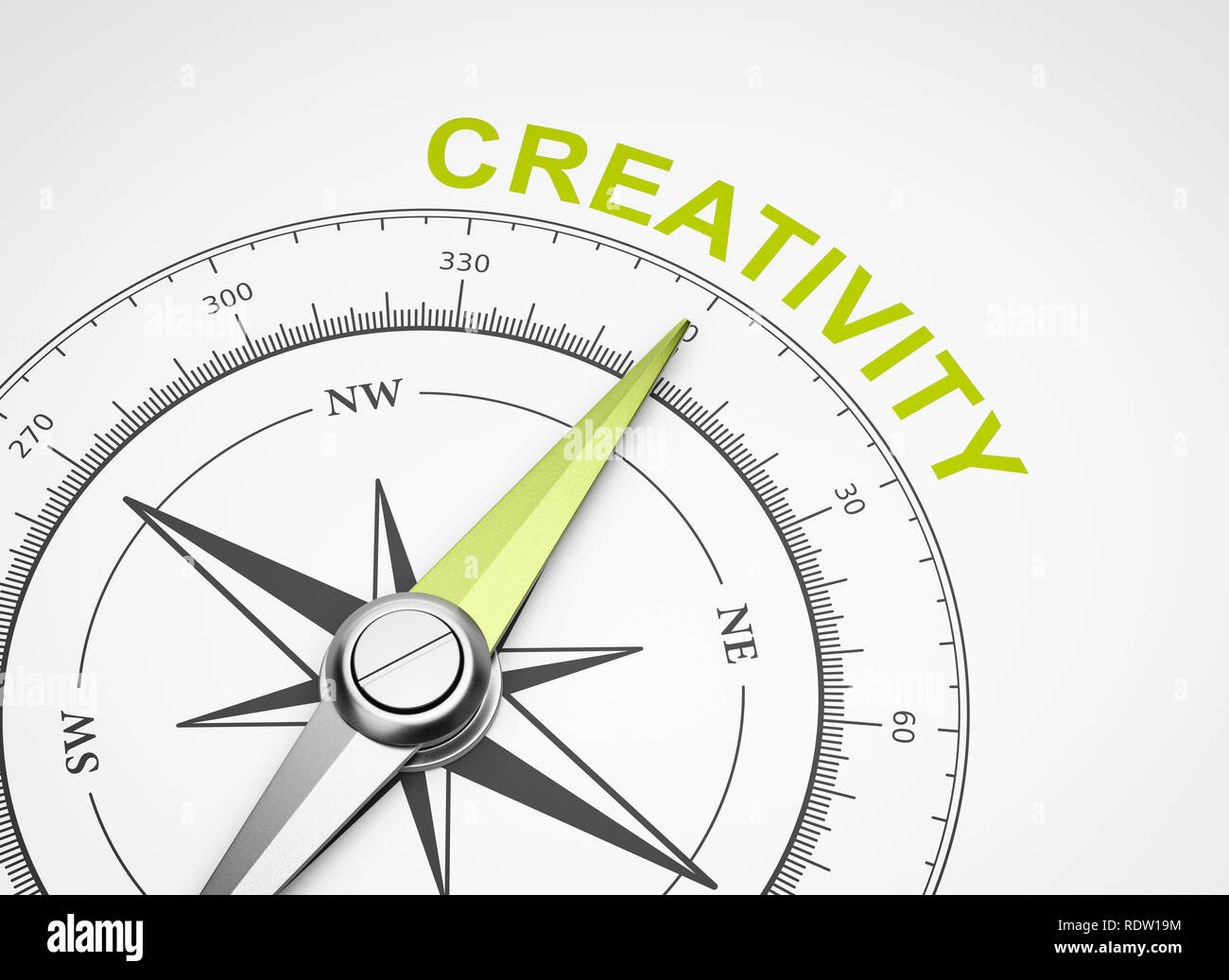 Compas magnétique, l'aiguille dirigée vers le mot créativité jaune sur fond blanc 3D Illustration Banque D'Images