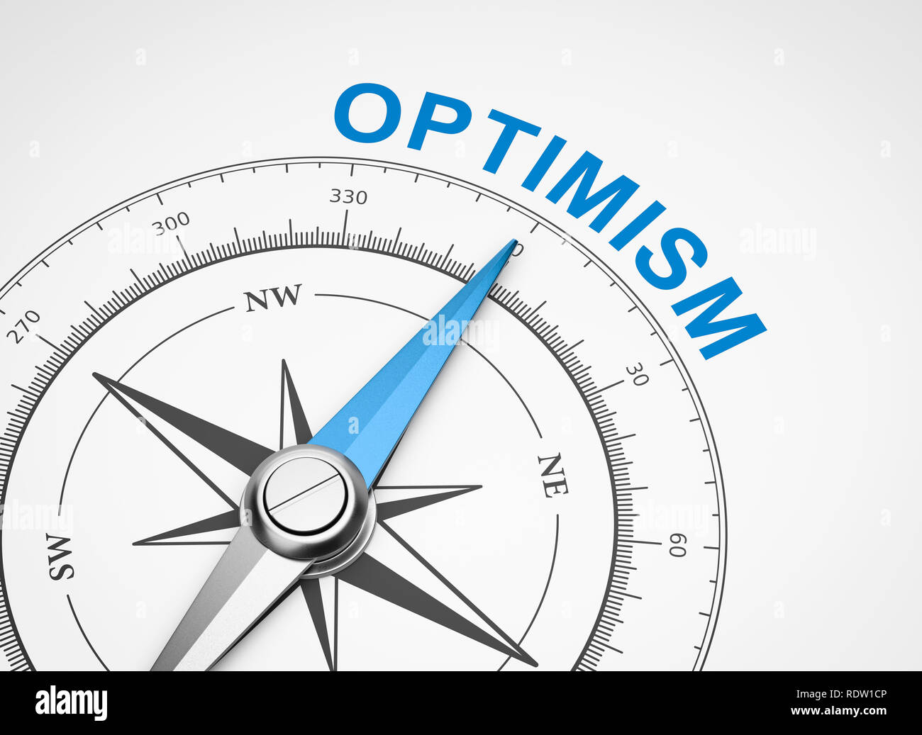 Compas magnétique, l'aiguille dirigée vers le mot optimisme bleu sur fond blanc 3D Illustration Banque D'Images