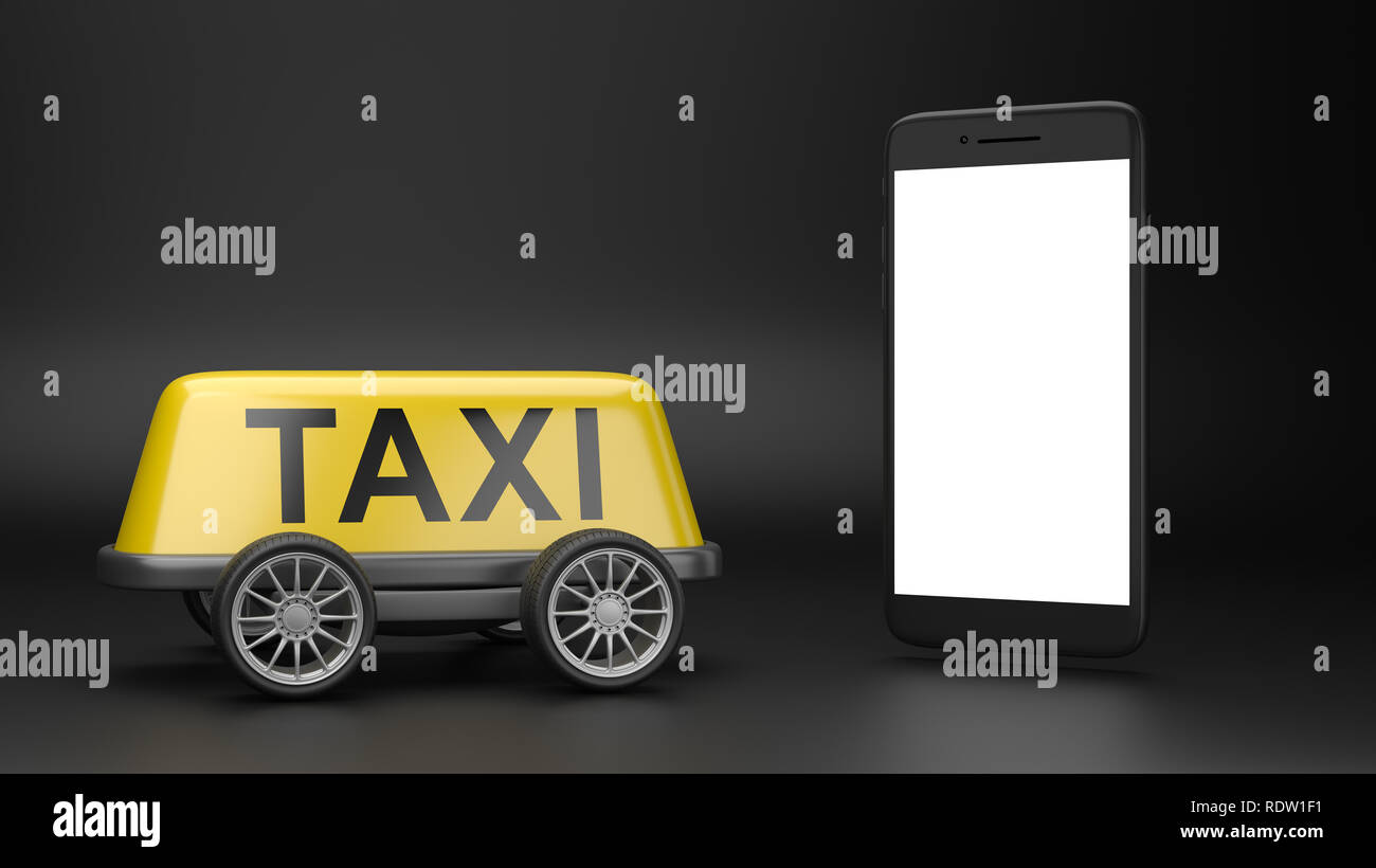 Taxi jaune signe de toit sur roues et un écran blanc sur fond noir Smartphone 3D Illustration Banque D'Images