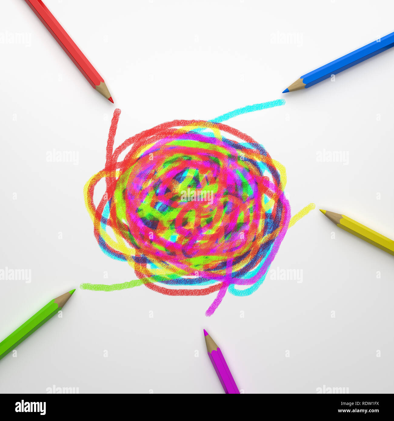 Dessin crayons en bois coloré ensemble sur fond blanc 3D Illustration, concept de réflexion Banque D'Images