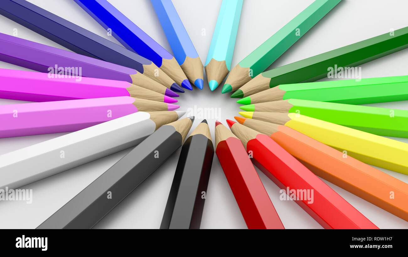 Arc-en-ciel de crayons en bois coloré disposées en cercle sur fond blanc 3D Illustration Banque D'Images