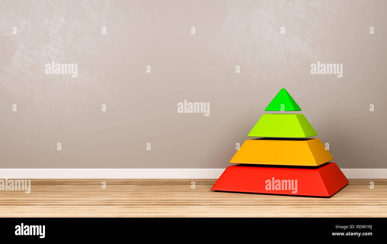 Quatre niveaux de structure pyramide rouge au vert, couleur sur plancher en bois contre le mur gris avec copie espace 3D Illustration Banque D'Images