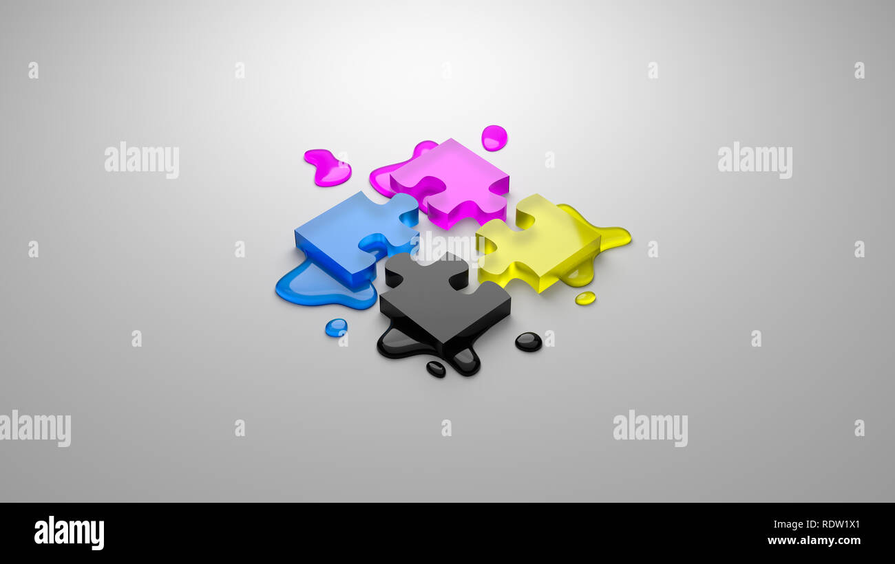 Quatre couleurs CMYK pièces de puzzle vitreux combinée avec les taches d'encre sur fond gris 3D Illustration, concept Processus Four-Color Banque D'Images