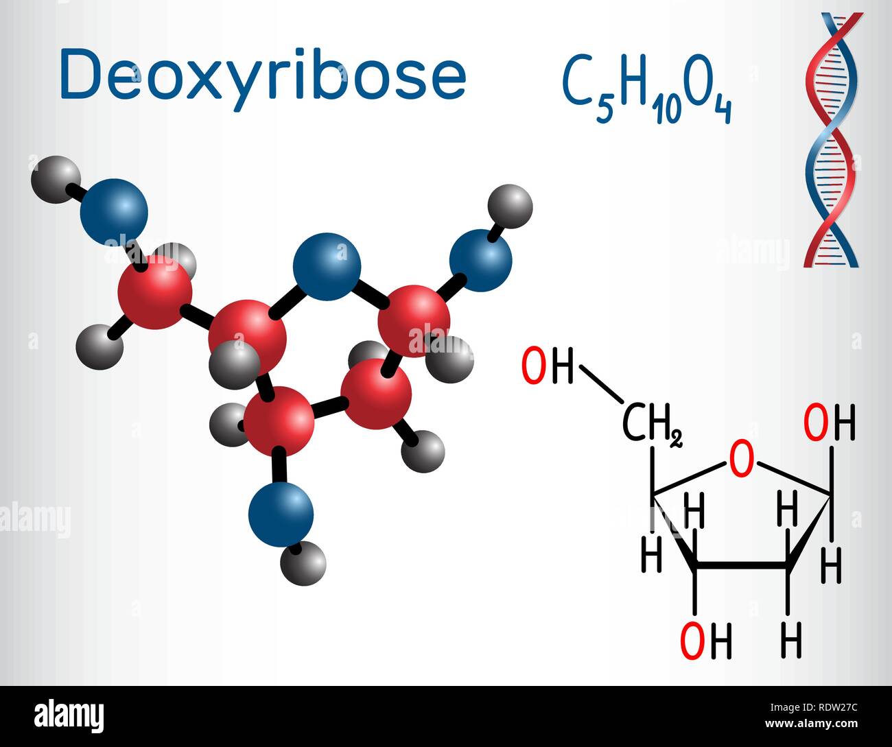 Molécule désoxyribose, il s'agit d'un monosaccharide (sucre) désoxy, elle fait partie de l'épine dorsale de l'ADN. Formule chimique structurale et molécule modèle. Vect Illustration de Vecteur
