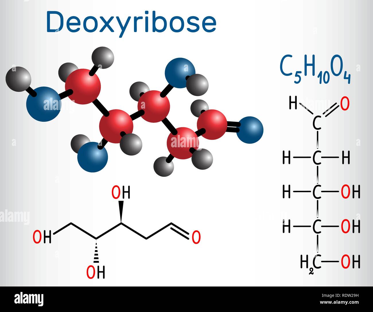 Forme linéaire (molécule acyclique du désoxyribose), il s'agit d'un monosaccharide (sucre désoxy), qui a tous les groupes hydroxyles du même côté. Ch structurels Illustration de Vecteur