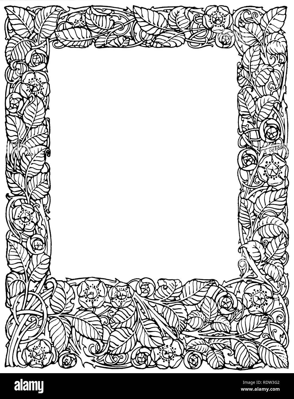 Large bordure pleine page avec roses et feuilles Banque D'Images