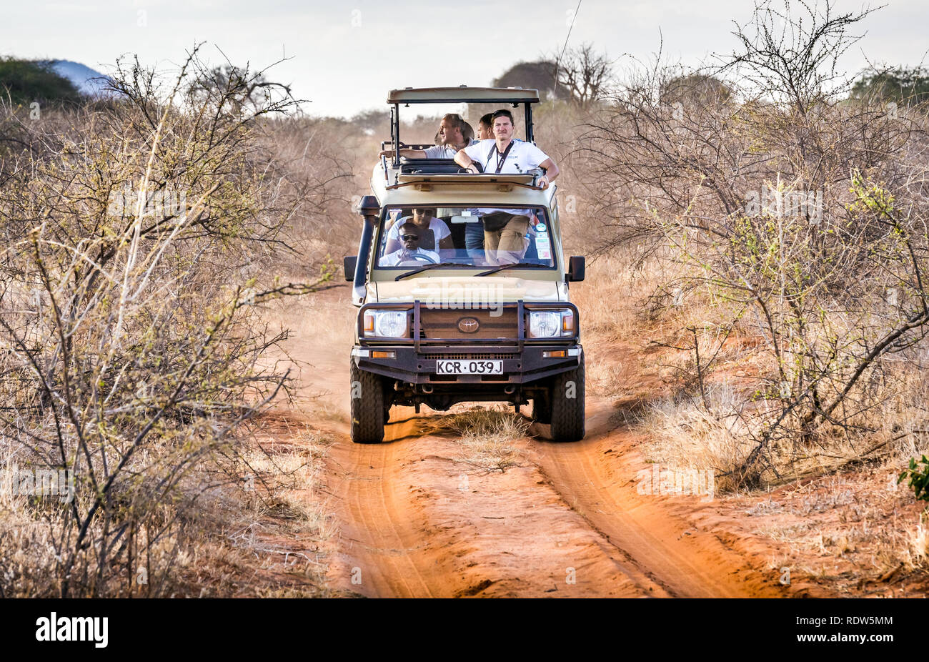 L'Est de Tsavo, KENYA - 11 octobre 2018 : les voitures de Safari avec unindentified les touristes en voyage aventure à Tsavo East National Park, Kenya Banque D'Images