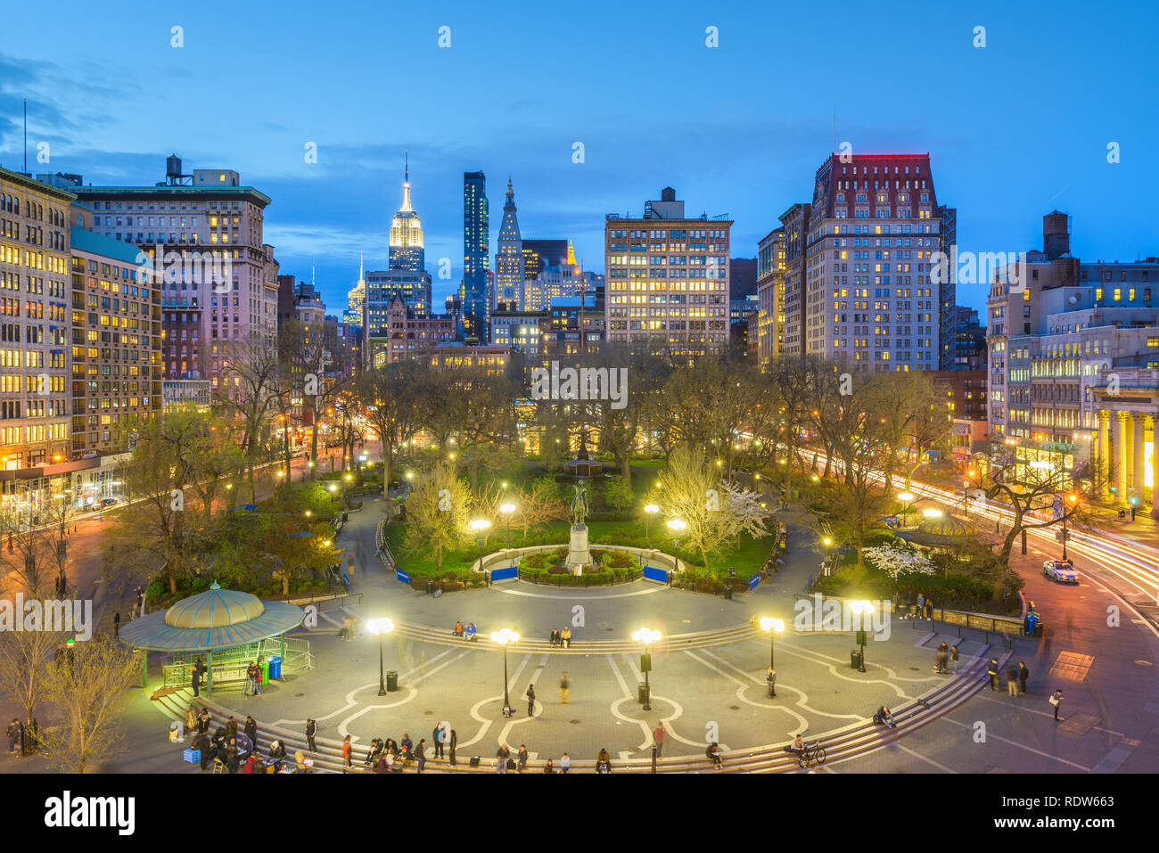 New York, New York, USA cityscape sur Union Square à Manhattan au crépuscule. Banque D'Images