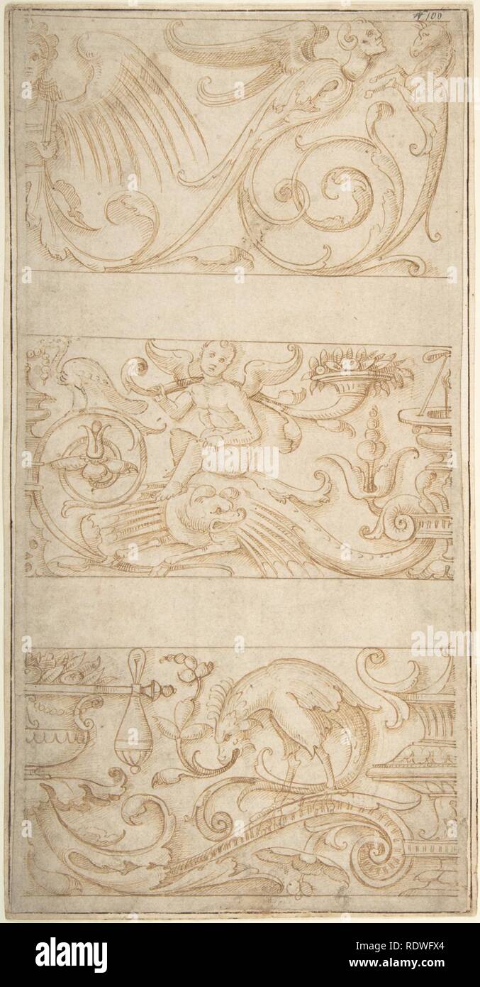 Antique-Style frise ornementale dessins- grotesques avec enfant ailé, masques et animaux fantastiques Banque D'Images