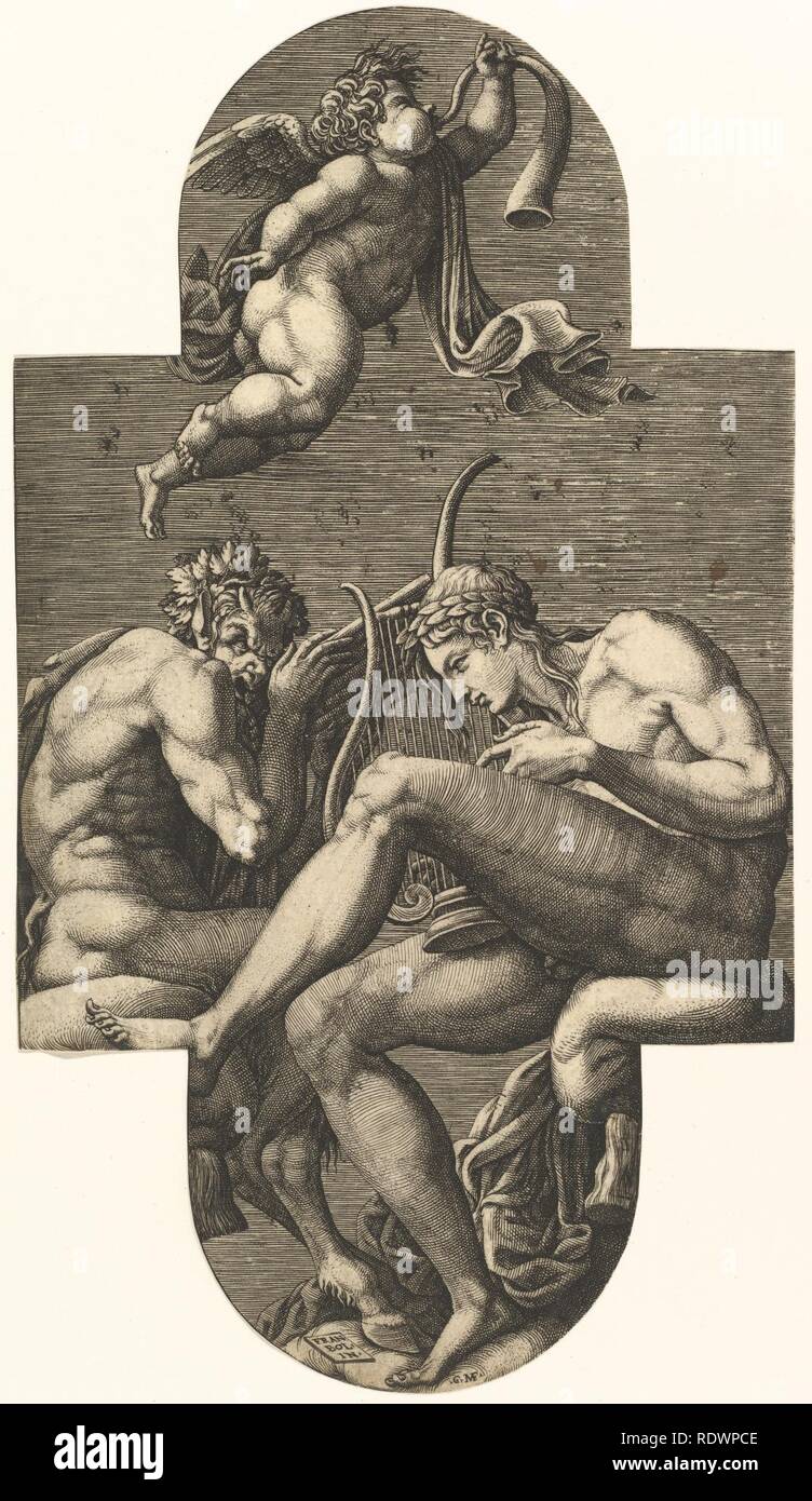 Apollo, Pan, et d'un putto soufflant une corne, à partir d'une série de huit compositions après le Sidaner's designs pour le plafond de la galerie d'ULYSSE (détruites 1738-39) à Fontainebleau Banque D'Images