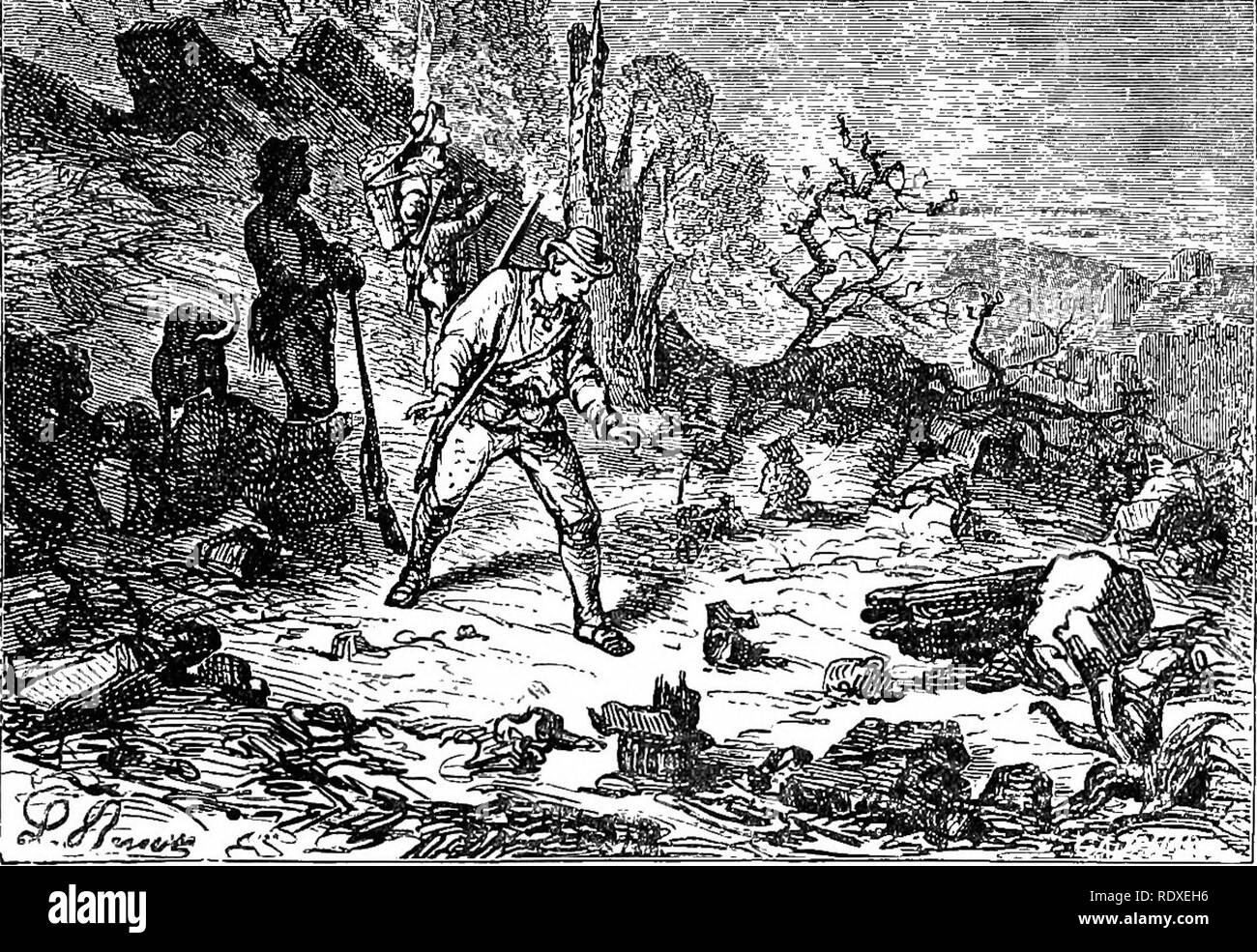 . Aventures d'un jeune naturaliste. L'histoire naturelle.  = ? =- - =- =- ^» ^  u ^^w â â  +/-'. Meteorâgod CHAPTEE XIV. le lanteknsâthe skunkâthe du Tout-Puissant plantâan journeyâthe orchidsâbivouac gialappa aériennes en thp : bouche op un caveâgrin beetlesâa6alet et le white ant's nest. jHE nous a laissé bien peu de temps après, et nous nous sommes assis à parler par l'IP^ incendie. Enfin, j'Encuerado prit Lucien vers les rochers, et mis en place l'un de ces chants interminables avec sa mémoire qui a été mémorisé. Notre feu éclairaient avec sa lueur rouge la pierre sur laquelle ils étaient assis, ce qui en fait regarder comme un immense piédestal, surm Banque D'Images