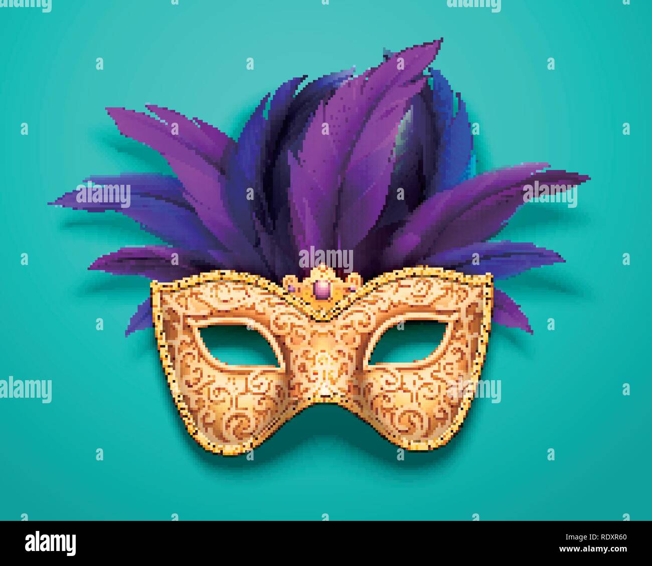 Carnaval d'or masque avec plumes pourpre décorations sur fond bleu, 3d illustration Illustration de Vecteur