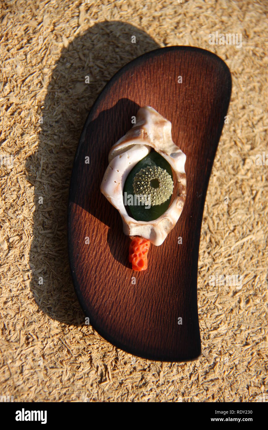 Ornement faits main fabriqués à partir de matériaux naturels trouvés sur la plage, dérive, oursin, morceaux de corail et de coquillage Banque D'Images
