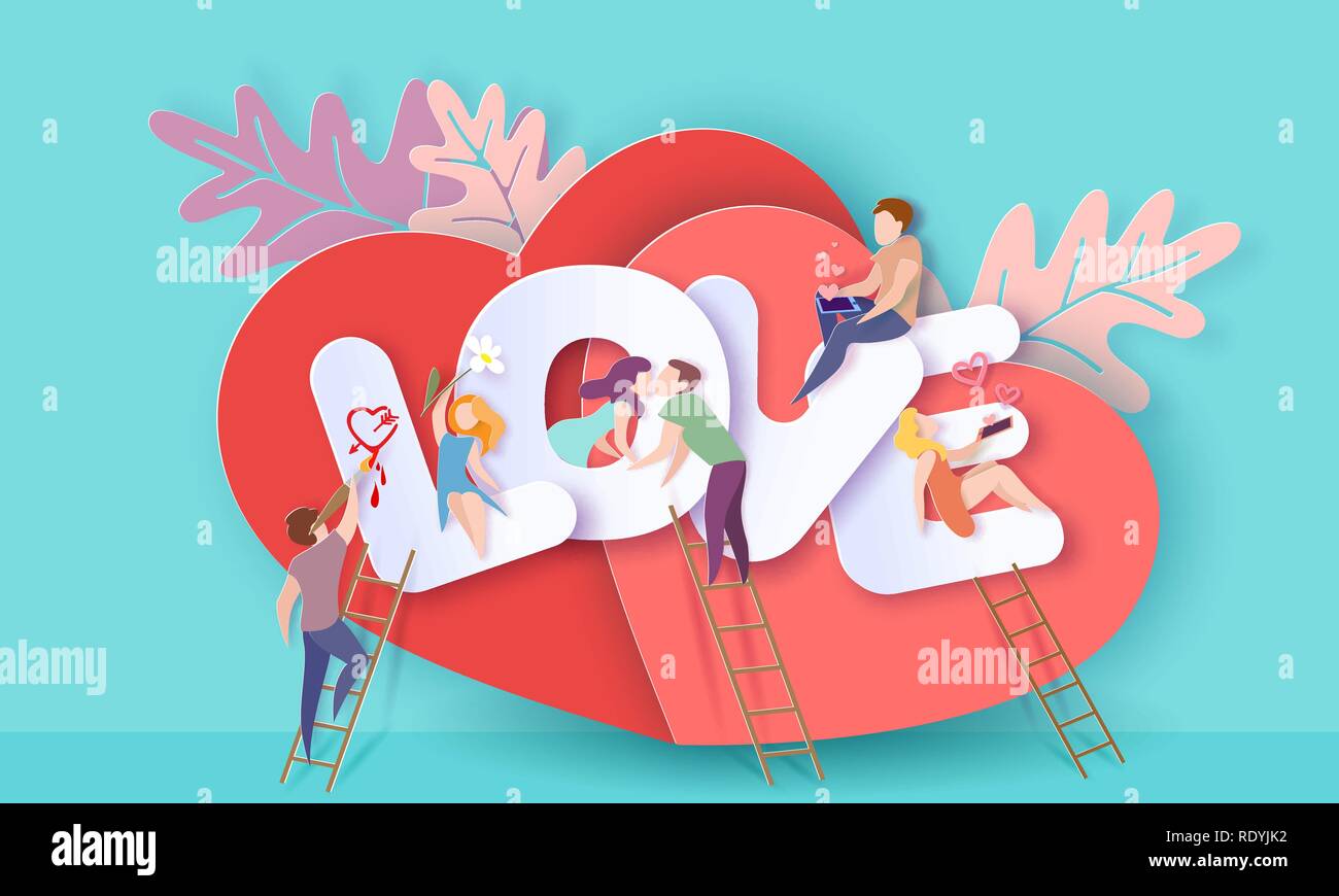 Carte Saint Valentin avec couple sitting on grandes lettres d'amour et de l'envoi de coeurs rouges avec les smartphones, les baisers et la peinture avec coeur rouge arrière-plan. Vector illustration d'art sur papier. Modèle de coupe de papier. Illustration de Vecteur