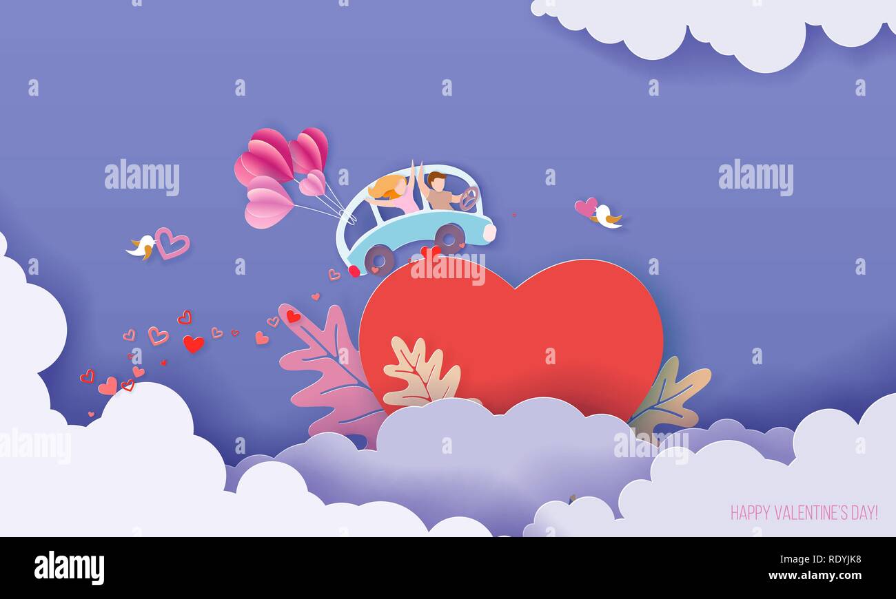 Carte Saint Valentin avec couple driving bleu avec des ballons d'air plus grand cœur rouge sur fond de ciel bleu. Vector illustration d'art sur papier. Coupe papier et de l'artisanat traditionnel. Illustration de Vecteur