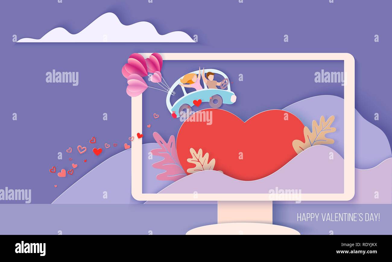 Carte Saint Valentin avec couple driving bleu avec des ballons d'air plus grand cœur rouge sur l'écran d'ordinateur. Vector illustration d'art sur papier. Coupe papier et de l'artisanat traditionnel. Illustration de Vecteur