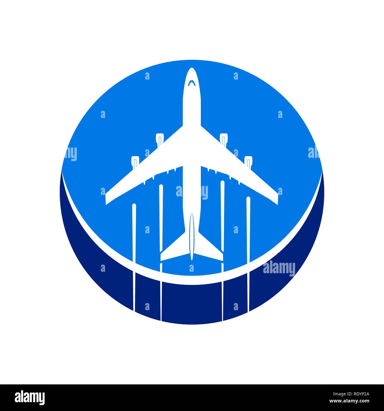 Logo sur le thème de l'aviation. Le transport aérien. Vol de l'avion dans le contexte d'un cercle en deux couleurs bleu. Illustration de Vecteur