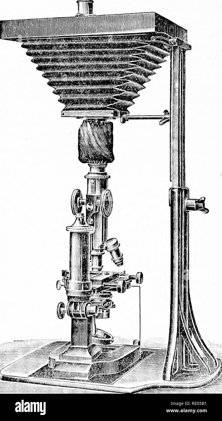 . Le microscope et méthodes microscopiques. Microscopes ; 1896. iSS P/-IO à la micrographie.  CH. VIII. Le tube est presque au nez amovible pièces afin d'éviter d'interférer avec la taille de l'image. Sous-stade le condenseur doit être déplaçable sur un rack et pignon. Le microscope doit avoir un pied flexible pour travailler en position horizontale. Bien qu'il est souhaitable dans tous les cas d'avoir le meilleur et le plus commode d'un nouvel appareil qui est faite, il n'est pas par tous les moyens nécessaires pour la production de l'excellent travail. Un simple stand avec pilier flexible et bon réglage fin va répondre.. Fig. 144. Fig. 144 Banque D'Images