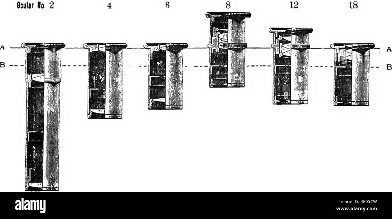 . Le microscope ; une introduction aux méthodes microscopiques et à l'histologie. Microscopes ; 1899. 24 MICROSCOPE ET ACCESSOIRES.  CH. I. 35. Huygenian Ocular.-un négatif ocular conçu par Huygens pour le télé- portée, mais également adapté pour le microscope. Il est l'un maintenant plus fréquemment em- tion. Il se compose d'une lentille de champ ou collective (Fig. 30), de faciliter l'objectif dans la formation de l'image réelle, et un oeil-objectif qui magnifie l'image réelle. Bien que lo oculaire. 2. Fjg. 31. Les oculaires compensateurs de Zeiss, à l'article a été retiré pour montrer la con- struction. La ligne A-A est au niveau de l'extrémité supérieure Banque D'Images