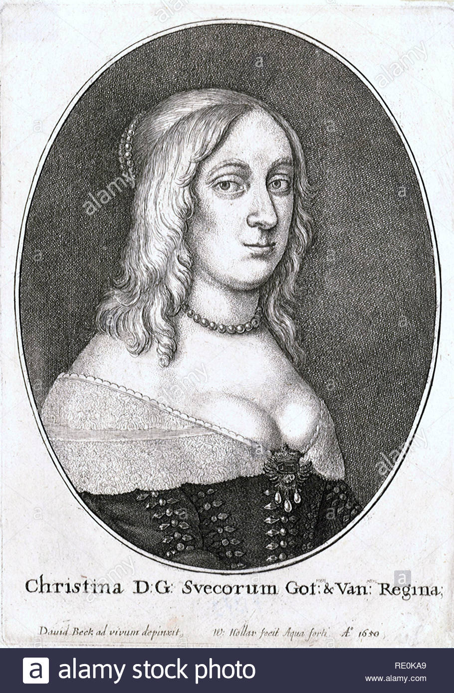 Christina, 1626 - 1689, le seul enfant légitime du roi Gustave II Adolphe et son épouse Maria Eleonora de Brandebourg, régna comme reine de Suède de 1632 jusqu'à son abdication en 1654, gravure d'aquafortiste de Bohême Venceslas Hollar à partir de 1650 Banque D'Images