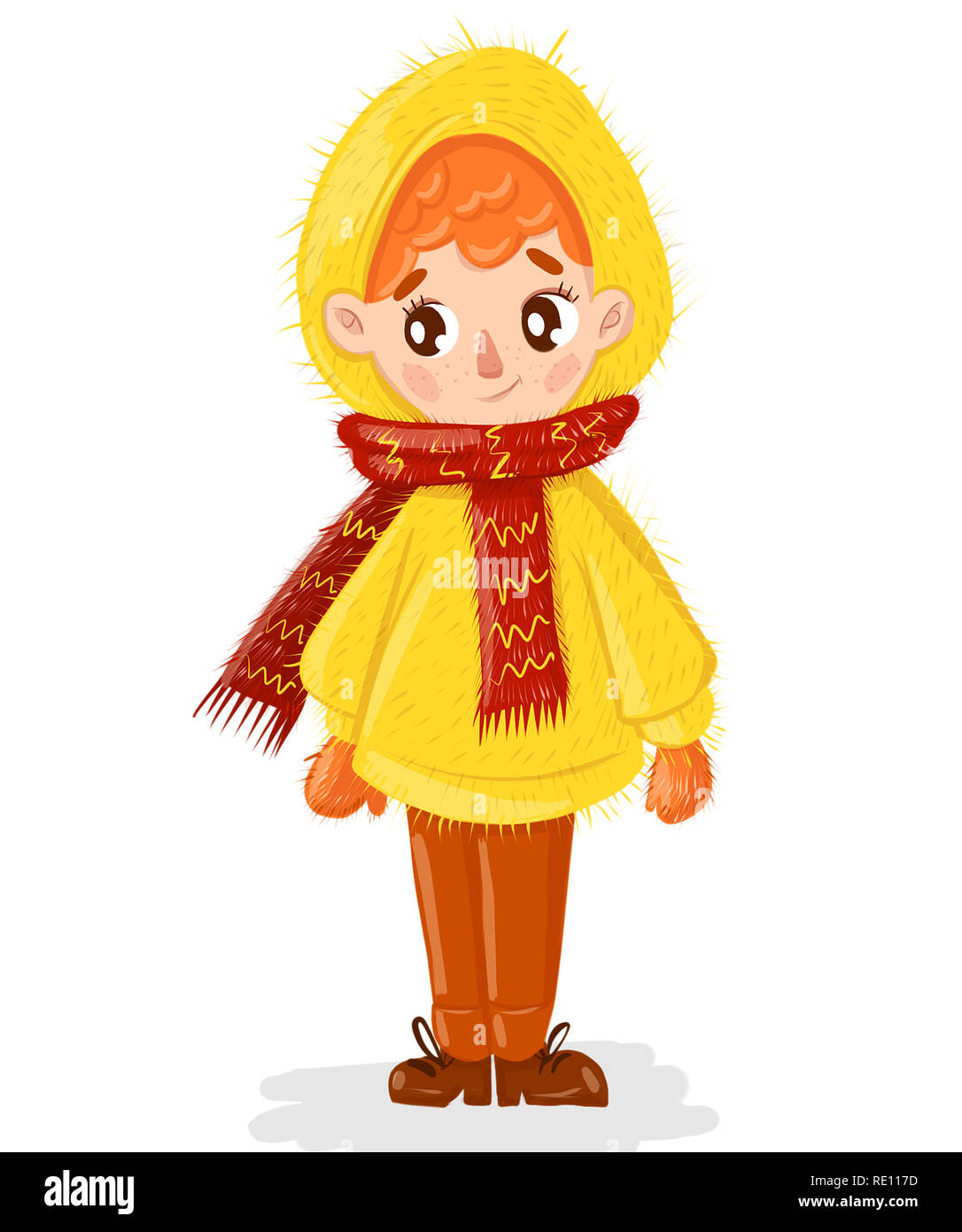 Un petit stand-up garçon aux cheveux rouges dans une veste jaune, une écharpe  rouge, et chaussures chaudes sur blanc. Illustration de surpris et auditeur  attentif homme ch Photo Stock - Alamy