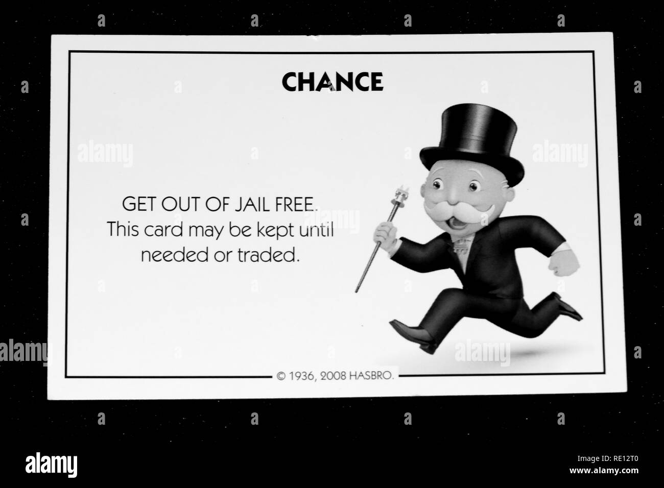 Le noir et blanc d'un "vous êtes libéré de prison" d'un jeu de société bien connu Banque D'Images
