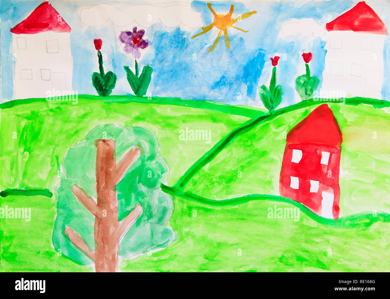 Dessin d'enfant de maisons prairie et fleurs. Couleurs de l'été. L'art enfantin Artwork dessiné par l'aquarelle. Peinture Aquarelle Dessin d'enfants Banque D'Images